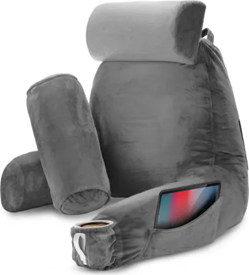 Produktbild von Lesekissen mit Armlehnen, abnehmbarer Kopf-/Nackenstütze und Fußstütze, Linomag®, 2 Seitentaschen, Grau, 91,5 x 75 cm