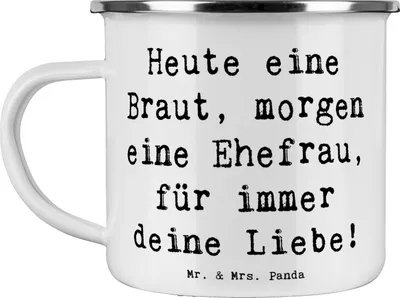 Produktbild von Mr. & Mrs. Panda Emaille Tasse Spruch Braut Liebe - Weiß - Geschenk, becher, Brautfest, Heiraten, Romantik, Geschenke, Brautstrauß, Hochzeitsaccessoires, Partnerschaft