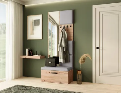 Produktbild von Garderobe MARGARET III, Farbe: Artisan + Grau, mit gepolsterten Paneelen, Spiegel und Kleiderhaken