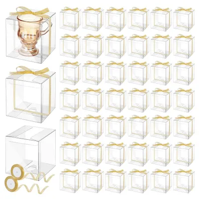 50 transparente Geschenkboxen 10x10x10 cm mit goldenem Band