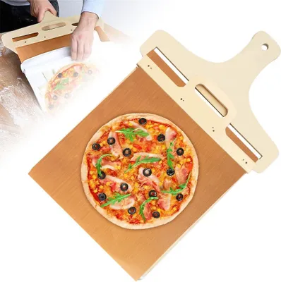 Produktbild von Pizzaschiebeschaufel, 50 x 30 cm rollbarer Pizzaschieber, verschiebbare Pizzaschaufel aus Holz, Pizzaschieberrolle mit Antihaftbeschichtung und Griff, extra großer Pizzaschieber