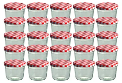 Zdjęcie produktu dla CAPCRO zestaw 25 kubków na dżem 230 ml słoik na przetwory Do 82 czerwona pokrywka w kratkę