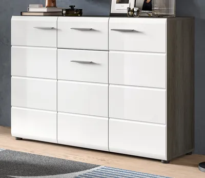 Produktbild von Sideboard "Rumba" in weiß Hochglanz und Rauchsilber grau Kommode 120 x 85 cm