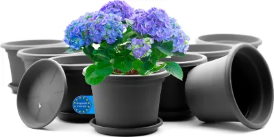Produktbild von BigDean 8 Stück Blumentopf mit Untersetzer rund ø 30 cm Anthrazit – wetterfester Pflanzkübel  Europe
