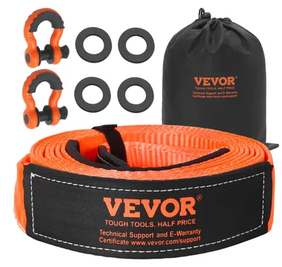 Image de VEVOR Sangle de Remorquage Récupération Cinétique, 76,2 mm x 6,1 m, Résistance à la Rupture 16329 kg, avec Manchons de Protection, Sac de Rangement, Manilles à Anneau D 19 mm, pour Camions, SUV, VTT
