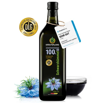 Produktbild von Kräuterland Premium Schwarzkümmelöl, 1 Liter ungefiltert, kaltgepresst, Europas größte Ölmühle im Online-Handel, 22 Jahre Erfahrung, mühlenfrisch