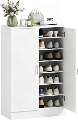 Produktbild von Weißer Schuhschrank mit 2 Türen, 70 x 35 x 108 cm, zur Schuhaufbewahrung mit 6 verstellbaren Ablagen, Schuhkommode mit sanft schließenden Türen für 21 Paar Schuhe