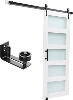 Immagine prodotto di SucceBuy porta scorrevole stile fienile (813 x 2134 mm) in robusti pannelli MDF e vetro satinato, porta con kit di ferramenta, superficie in PVC idrorepellente e telaio ad H, ideale per il bagno