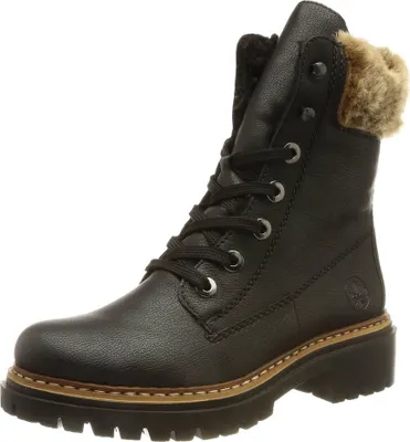 A black leather boot with fur lining is shown against a white background.