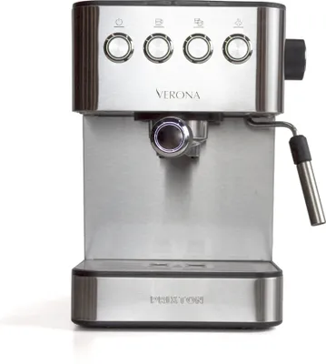 A front view of a silver espresso machine on a white background.