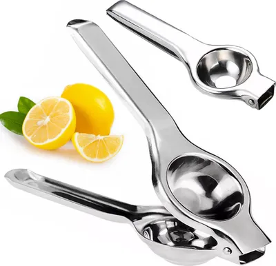 Collage of two stainless steel citrus juicers and lemons with leaves.