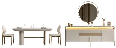 Produktbild von Esszimmer Set Vega, 6-Sitzer, Beige, ausziehbarer Esstisch 180/218x98x82 cm, Sideboard mit Stauraum, Goldoptik, pflegeleichte Oberfläche
