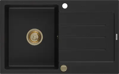 Immagine prodotto di Mexen Bruno lavello da cucina in granito a 1 vasca con sgocciolatoio 795 x 495 mm, nero, sifone dorato - 6513791010-77-G