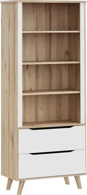 Image de Bibliothèque - VANKKA - 4 étagères - 2 tiroirs - Chêne / Blanc - 87,7 x 41,7 x 201,5 cm