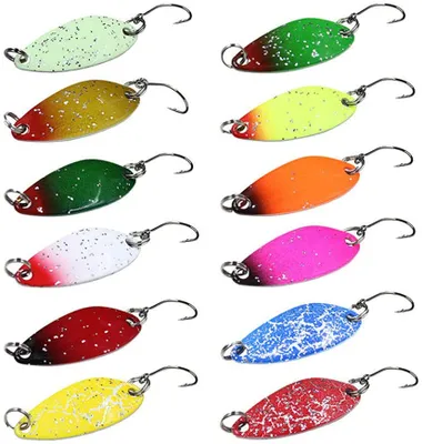 Produktbild von Fishing Forellen Spoon Set, 12 STK Trout Spoons Forellenköder Spinner Angelköder, UL Forellen Blinker Angelset mit Einzelhaken, Kunstköder Spoons Forelle mit Box, 3.2cm-2.5g