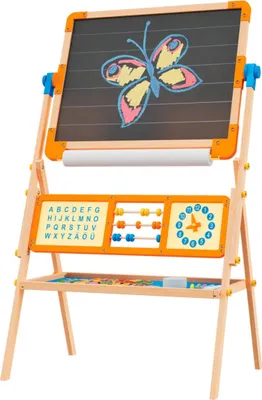A wooden easel with a chalkboard and various educational panels.