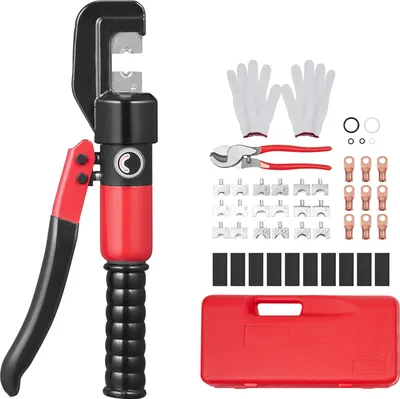 Obrázek produktu pro SucceBuy krimpovací nástroj, měděné a hliníkové svorky AWG12-2/0, hydraulické krimpovací kleště na kabel akumulátoru s řezacími kleštěmi, rukavice, 10 měděných kroužkových konektorů, 8 smršťovacích trubiček a vyfukovaný kufřík
