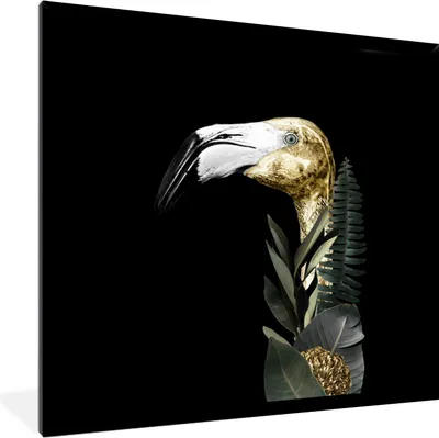 Produktbild von MuchoWow® MuchoWow® Gerahmtes Poster Flamingo - Gold - Blätter - Schwarz 40x40 cm - Poster mit zchwarzem Bilderrahmen - Mit Rahmen - Wanddekoration Schlafzimmer