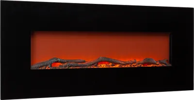 A black electric fireplace with glowing orange embers and logs.
