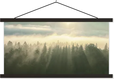 Produktbild von MuchoWow® Textilposter Wald - Nebel - Sonne 90x45 cm mit schwarzem Rahmen - Klemmleisten