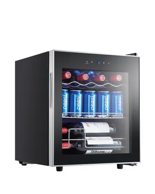 A beverage cooler filled with cans and bottles.