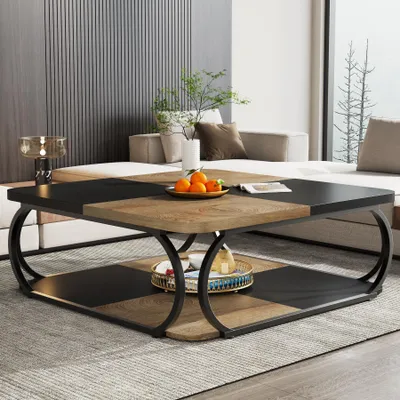 Zdjęcie produktu dla Kwadratowy stolik kawowy Tribesigns, duży drewniany stolik 100 cm, 2-poziomowy niski stolik kawowy w stylu country z metalową ramą, czarny/jasnobrązowy