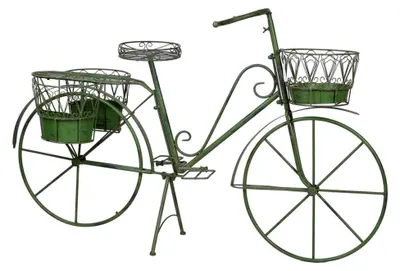 Produktbild von Deko Fahrrad aus Eisen im Vintage-Stil mit 4 Pflanzkörben – Garten Deko Metallrad zum Bepflanzen für Terrasse und Balkon, Höhe 86 cm, Länge 140 cm, Tiefe 43 cm