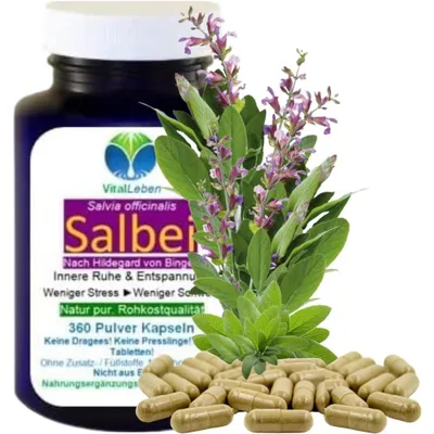 Produktbild von Salbei 360 Pulver Kapseln nach Hildegard von Bingen NATUR Pur ohne Zusatzstoffe.