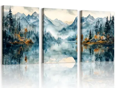 3er-Set Aquarell Bergsee Leinwandbilder 30x40 cm gerahmt