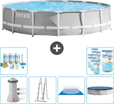 Produktbild von Intex Round Prism Frame Swimming Pool – 457 x 107 cm – Grau – inklusive Pumpe – Leiter – Bodenplane – Abdeckung Wartungspaket - Filter
