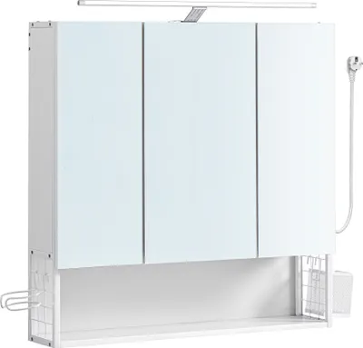 Produktbild von VASAGLE Badezimmerschrank mit 3 Türen, Spiegelschrank, Wandschrank, Stecker, Hängekorb, Haartrockner-Halter, viel Stauraum