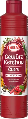 A bottle of Hela Gewürz Ketchup Curry Extra Scharf.