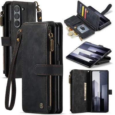 Obrázek produktu pro Pro Samsung Galaxy Z Fold6 5G CaseMe Multifunkční peněženkové pouzdro ze syntetické kůže na zip Black