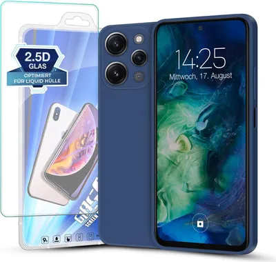 A blue phone case and screen protector are displayed against a white background.