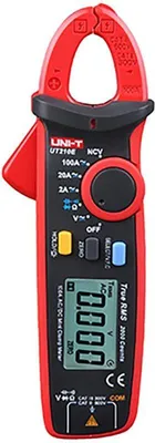 A red and black digital clamp meter is shown against a black background.