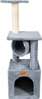 A gray cat tree with multiple levels and a scratching post, shown against a white background.