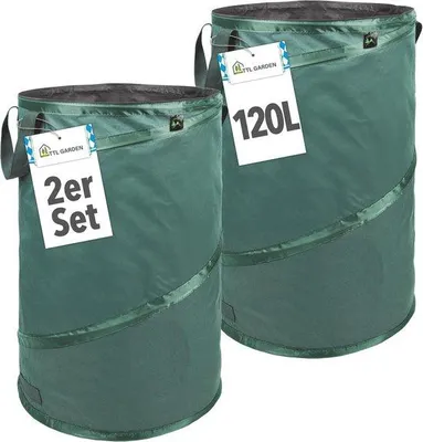 Produktbild von Famanu Pop-up Gartenabfalltasche 120 L - Robuste, Wasserfeste und Faltbare Tasche, Set von 2