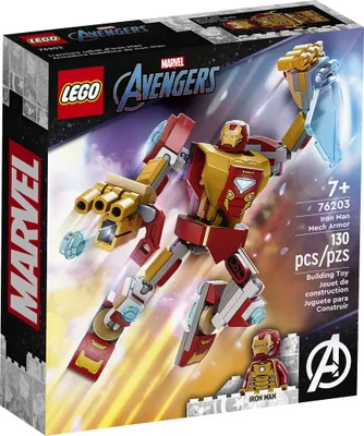 The image shows the packaging of a LEGO Marvel Avengers Iron Man Mech Armor building toy set.