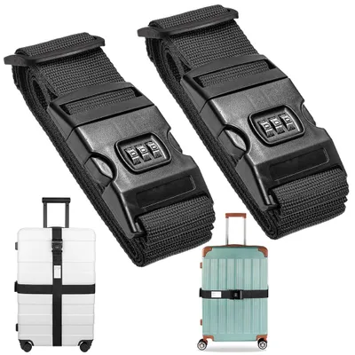 Image de Deux sangles de bagages, sangles de fixation pour valises réglables avec serrure et étiquette d'identification
