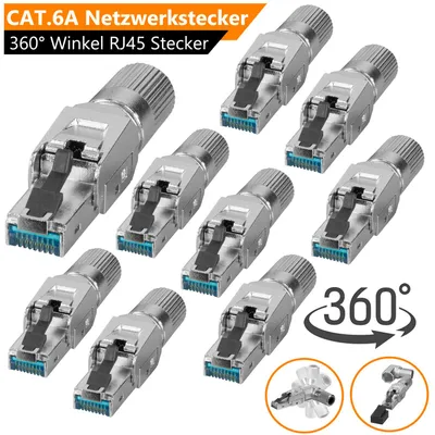 Produktbild von ORSEM 10x CAT6a Netzwerkstecker 360° Winkel RJ45 Netzwerk LAN Adapter Werkzeuglos STP Stecker fÜR CAT7 - CAT8 Verlegekabel
