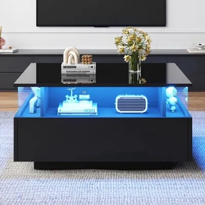 Image de Table basse - Blanc brillant - Avec éclairage LED et deux tiroirs