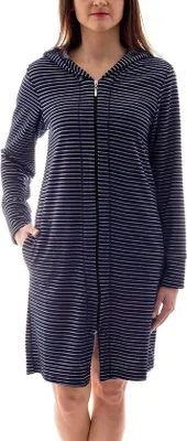 Produktbild von Ibenzoa® Damen-Bademantel gestreift mit Kapuze & Reißverschluss – strapazierfähige Verarbeitung, weiche Fleece-Fütterung, atmungsaktiv & schnelltrocknend, wasserabweisend