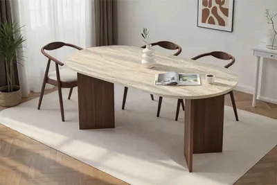 Produktbild von Skye Decor, Moderner Esstisch, Travertin & Walnuss, 180 x 90 x 75 cm | 100% melaminbeschichtete Spanplatte, 25 mm dick | Tragfähigkeit: 70 kg | Elegantes Design für Ihr Zuhause.