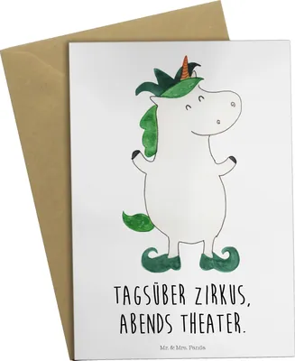 Produktbild von Mr. & Mrs. Panda Grußkarte Einhorn Joker - Weiß - Geschenk, weihnachtskarten, Unicorn, hochzeitskarten, Mittelalter, Einhörner, Klappkarte, einladungskarten, Hofnarr