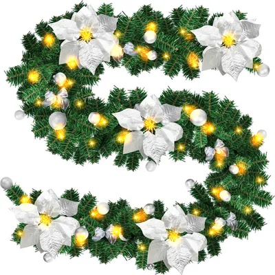 Image de Yakimz 2.7M Noël Girland sapin de Noël décoration avec des fleurs rouges de Noël lampes LED belle décoration de vacances pour les escaliers, mur, portes In-Out Door Silver