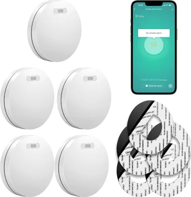 Produktbild von SAVS SM11W Rauchmelder WLAN 5er-Pack – 10 Jahre Batterie – Smart kompatibel mit Tuya App - Flaches Design – Feuermelder WiFi – Montage ohne Bohren