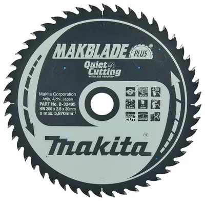 Image de Lame de scie circulaire MAKITA B-33495, Makblade+ T.C.T, 260 x 30 mm, 48 dents, pour bois