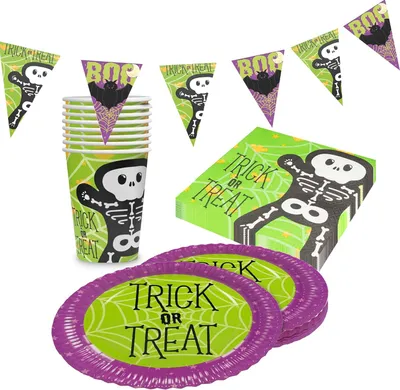 Produktbild von Halloween Skelett – 4-teiliges Partyset mit Tellern, Bechern, Servietten & Deko