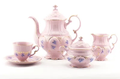 Produktbild von Leander Kaffeeservice, blaue Blumen, rosa Porzellan, Leander, 15 Stück