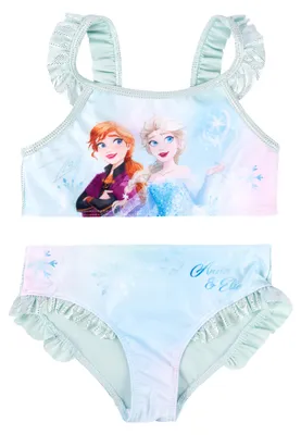 Produktbild von Disney Die Eiskönigin Bikini mit Rüschen für Mädchen - Elsa & Anna Frozen Kinder Zweiteiler Schwimmanzug Türkis 92